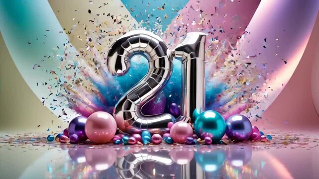 Shiny number 21 balloon, confetti, festive design background