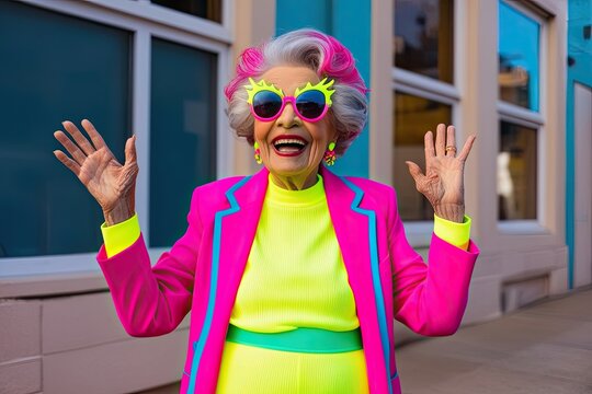 Joyful Senior Woman in Bright Neon Outfit with Fun Sunglasses and Striking Style
