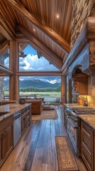 Rustic Log Cabin Interior: Cozy Kitchen and Living Area with Wooden Flooring and Warm Ambiance.