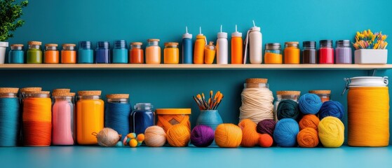 Vibrant Craft Room or Workshop with Colorful Yarns, Spools, and Textile Crafting Tools.