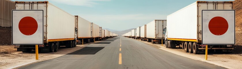 Trucks lined up on a wide road with red circular signs, clear sky in background.