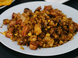 A plate with rice and meat