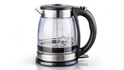 Modern electric kettle with a transparent glass body is standing on a white background