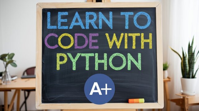 A photo of a chalkboard with the text "Learn to code with Python". There is a blue circle with a white "A+" inside it near the bottom of the board. The background is a room with a desk, a chair