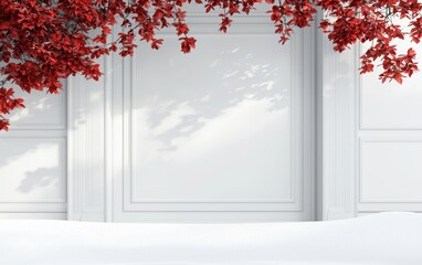 Red and black mistletoe hanging above a snowy entryway, 3D illustration
