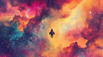 Fototapeta premium A stunning cosmic scene featuring a rocket soaring through vibrant colors of space, embodying adventure and exploration.
