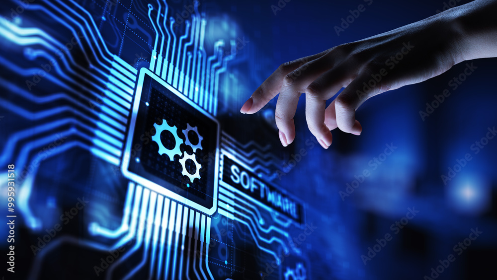 Poster software development and business process automation, internet and technology concept on virtual scr