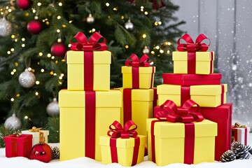 Fototapeta premium Bright Yellow Gifts with Red Ribbons in a Sparkling Winter Wonderland