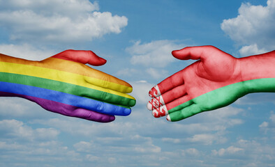 Belarus and LGBT movement country handshaking with flags, consensus concept international co-operation illustration