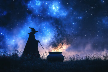 A mysterious silhouette of a witch stands beside a cauldron under a starry night sky, creating an enchanting, magical atmosphere.