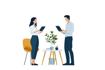 Colleagues Engaging in Effective Problem-Solving with Tablets and Greenery in Their Workspace