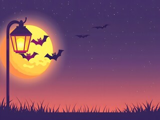 Halloween Night with Lanterns and Bats in the Moonlight