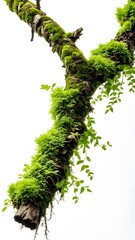 Fototapeta premium Rotten Wooden Branch Covered with Green Moss Isolated on White Background