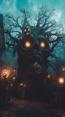 Obraz premium Eerie Tree with Ghostly Faces and Jack-o'-Lanterns