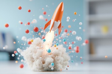 A Vibrant Rocket Soars Among Colorful Orbs, Igniting Imagination and Adventure with Every Launch