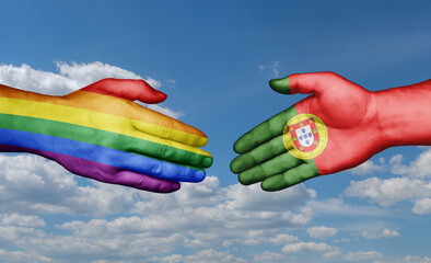 Portugal and LGBT movement country handshaking with flags, consensus concept international co-operation illustration