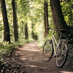 Fototapeta premium A serene pathway through the lush green forest, featuring a parked vintage bicycle inviting outdoor adventures.