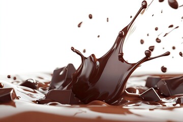 Fototapeta premium Chocolate and milk splash. Chocolate splash closeup isolated on white background with clipping path with generative ai