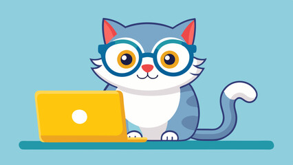 A cute cat wearing glasses is sitting on the laptop with a white background. An owl with glasses and a surprised look. high-quality vector illustration.