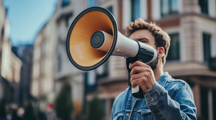 A man in a denim jacket holds a megaphone to his mouth,  making an announcement or speech in a city setting.