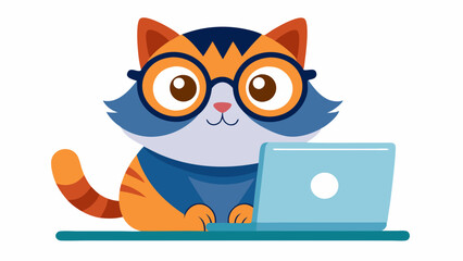 A cute cat wearing glasses is sitting on the laptop with a white background. An owl with glasses and a surprised look. high-quality vector illustration.