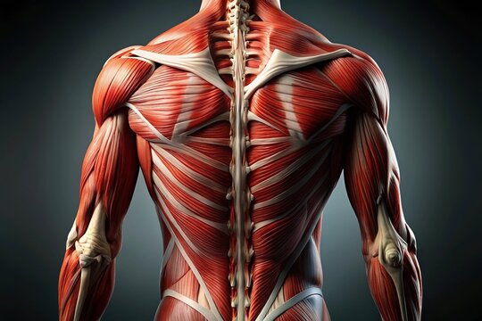 A close-up shot of a human back reveals intricate anatomy, highlighting prominent muscles, bones, and ligaments that make up the torso's posterior region.