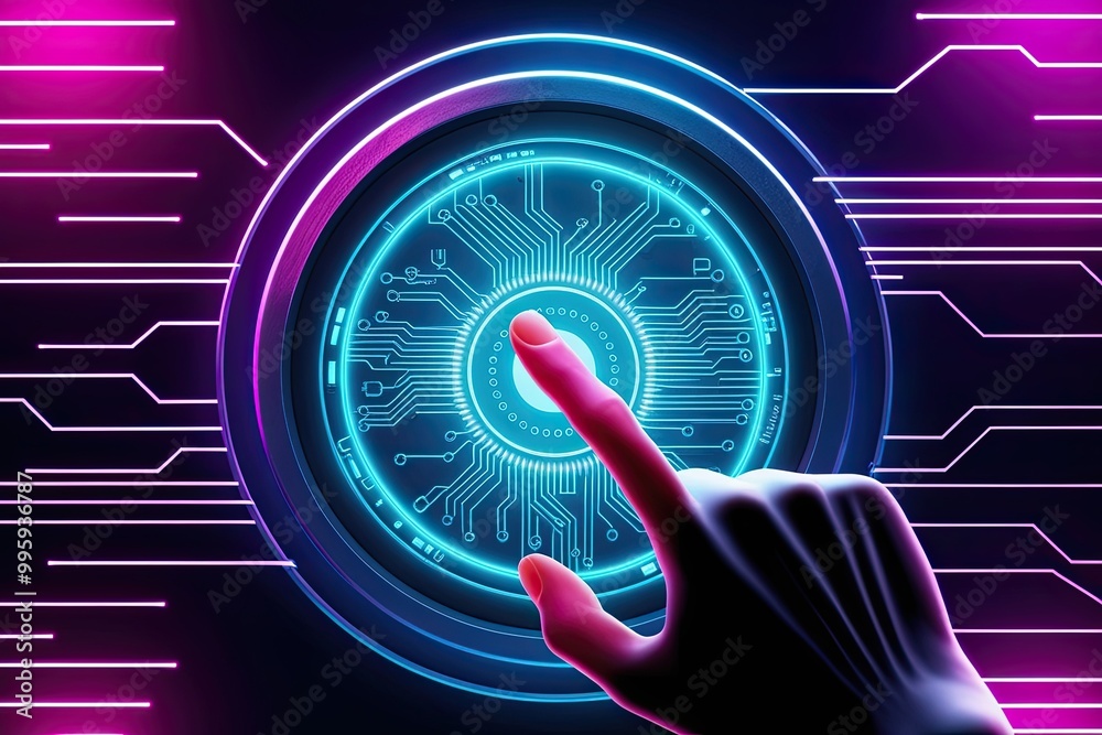 Poster artificial hand interacting with circuit board icon in cyberpunk neon setting showcasing future tech