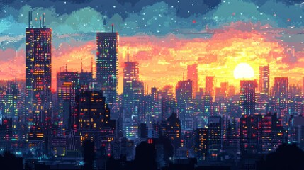 Fototapeta premium Pixelated Cityscape at Sunset with Starry Sky