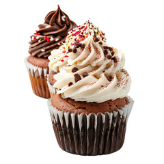 Three delicious chocolate cupcakes decorated with chocolate and vanilla icing and colorful sprinkles, on a white background
