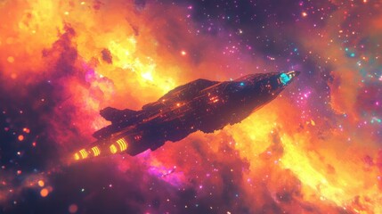 A spaceship flying through a colorful nebula