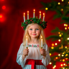 A photo of a little blonde girl in a Saint Lucia outfit, with a green wreath on her head, in a white dress with a red belt and holding candles in her hands, on a red background.