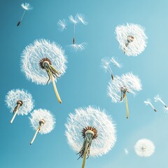 A serene field of dandelions drifting in the gentle breeze against a clear blue sky, symbolizing freedom and nature's beauty.