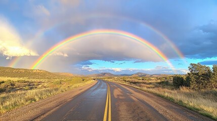 A vibrant rainbow arching over a roadside after a rain shower, adding a splash of color to the landscape and creating a sense of wonder. --