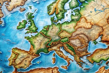 Fototapeta premium A connected map of Europe and Africa illustrates their shared borders, featuring geographical landmarks, capital cities, and major waterways across the Mediterranean Sea.