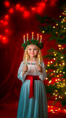 A photo of a little blonde girl in a Saint Lucia outfit, with a green wreath on her head, in a white dress with a red belt and holding candles in her hands, on a red background.