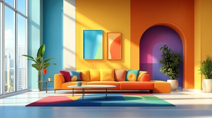 Vibrant Living Room with Bold Colorful Wall and Cozy Bookshelf.