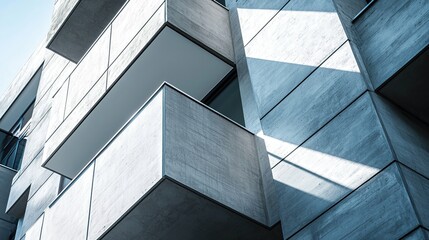 Abstract view of a modern building's exterior with geometric patterns and shadows.