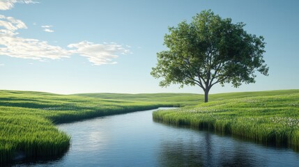 Serene Lakeside Landscape with Lush Greenery and Blue Skies