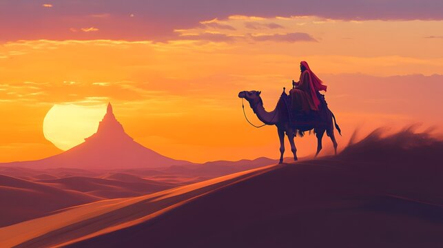 3. A desert nomad in vibrant robes, riding a camel across golden dunes at sunset - Powered by Adobe