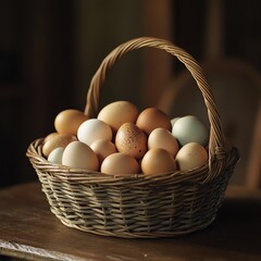 A rustic basket filled with various colored eggs, perfect for showcasing natural farm produce and freshness.