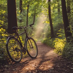 Fototapeta premium A rustic bicycle rests on a sunlit path in a serene forest, surrounded by lush greenery and warm, dappled light.