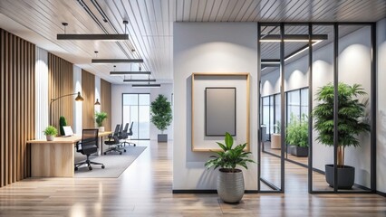 Fototapeta premium Corridor leading to modern open space office with a wooden floor and big plants