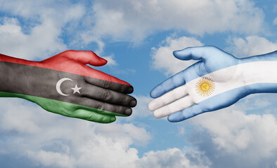 Argentina and Libya country handshaking with flags, consensus concept international co-operation illustration