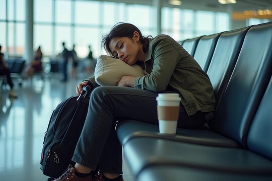 Tired Passenger Waiting at Airport: Young Traveler Napping on Bench with Luggage and Coffee