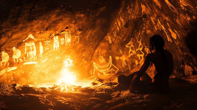 5. A primal cave dweller illuminated by firelight, surrounded by ancient cave paintings