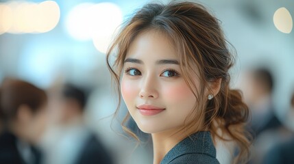 Obraz premium Beautiful Asian Woman with Soft Makeup Looking Over Shoulder