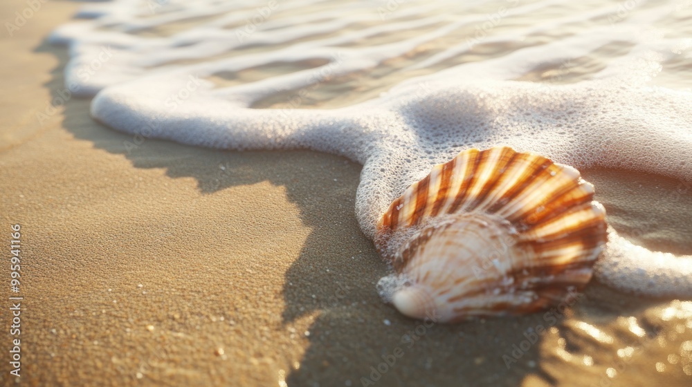 Wall mural Seashell on Sandy Beach with Receding Wave