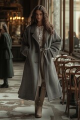 Naklejka premium A woman in a long coat is standing in front of a window