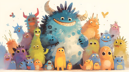 Happy, colorful monster family with various sizes and shapes