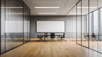 A large white board sits in the middle of a room with a long table and chairs